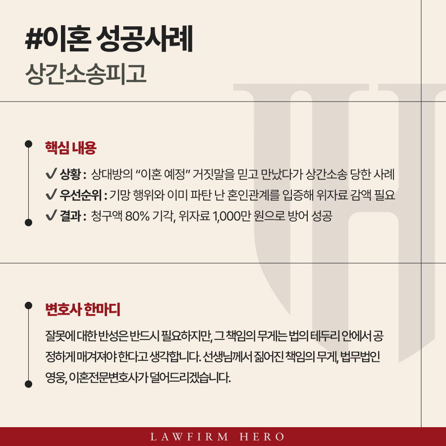 상간소송피고, 5,000만원 청구 80% 감액 성공사례