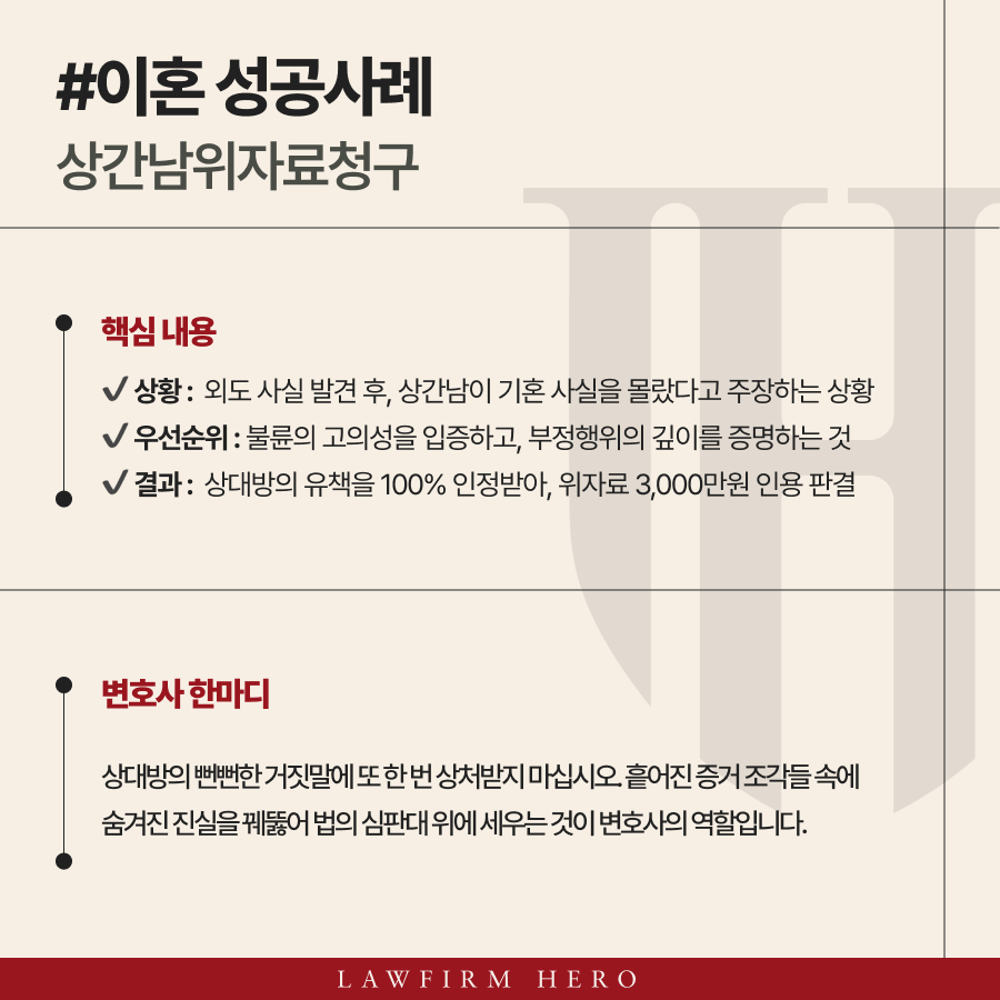 상간남위자료청구, 증거 분석으로 위자료 3,000만원 인정받은 승소사례