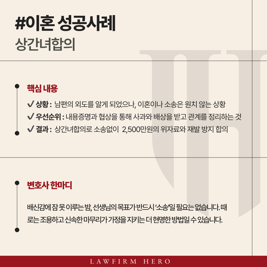 상간녀합의, 소송 없이 2,500만원 받고 관계 정리한 성공사례
