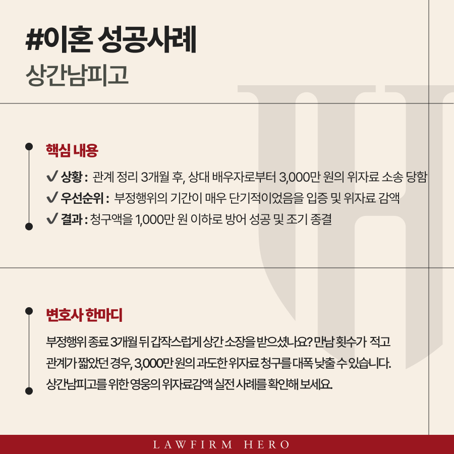 상간남피고, 헤어진 후 날아온 상간소장 위자료감액 약 70% 감액
