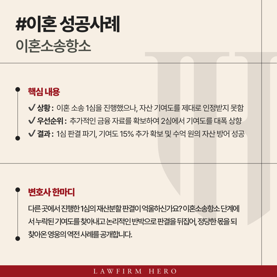 이혼소송항소 누락된 기여도를 입증하여 1심 판결 파기