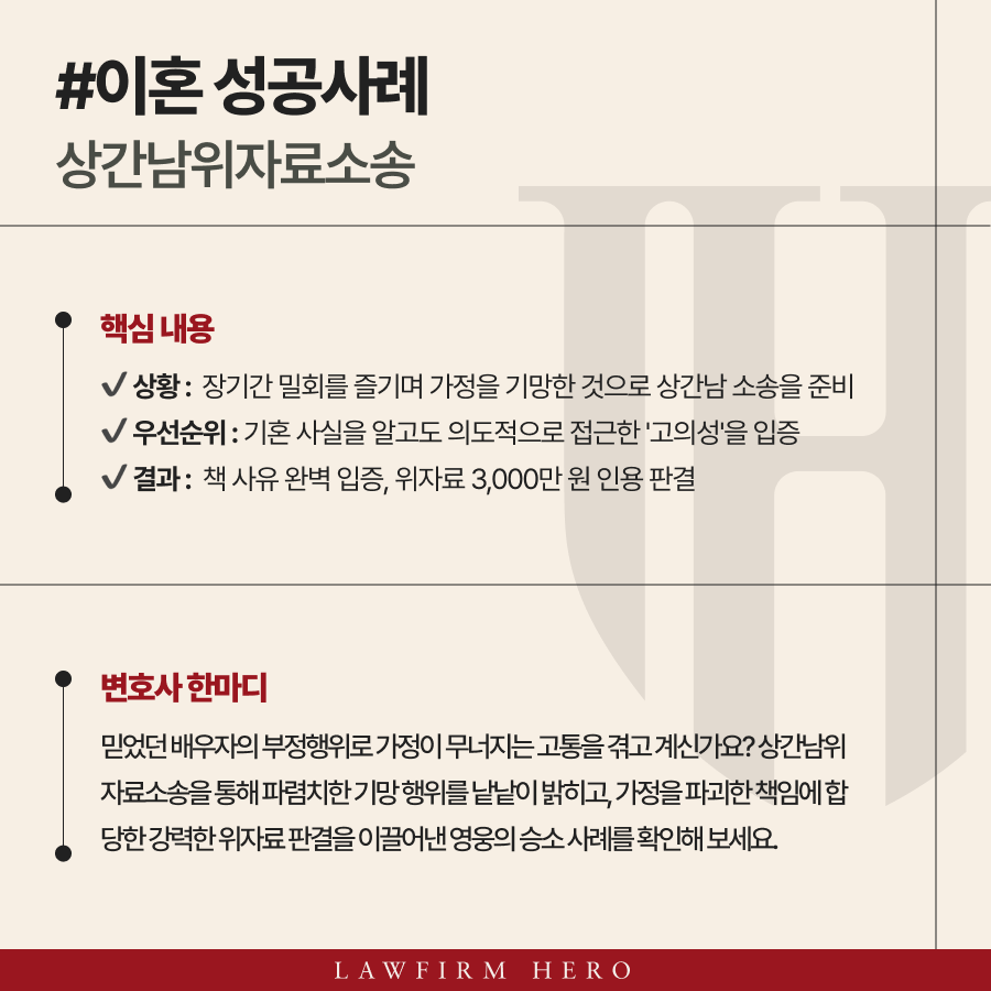 상간남위자료소송, 위자료 3천만원 전액 인정 성공 사례