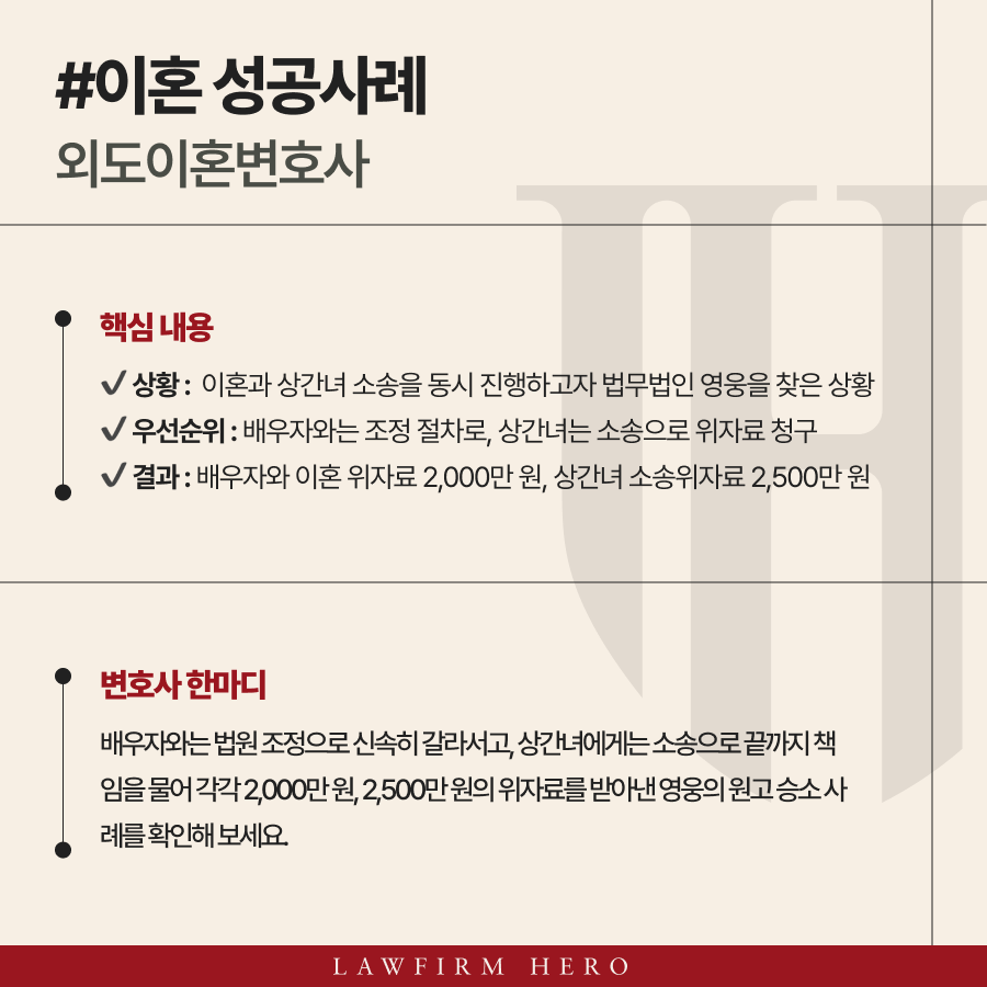 외도이혼변호사, 상간소송과 이혼조정 동시 위자료 청구 성공 사례