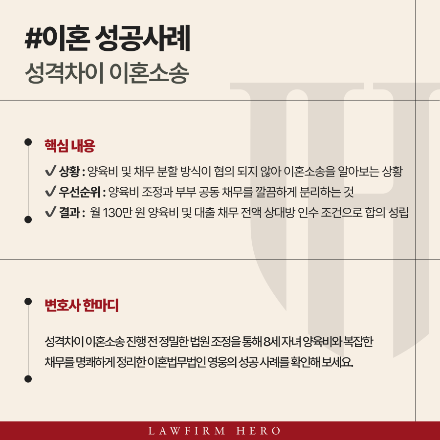 성격차이 이혼소송, 대출 정리 및 양육비 합의를 이끈 조정 사례